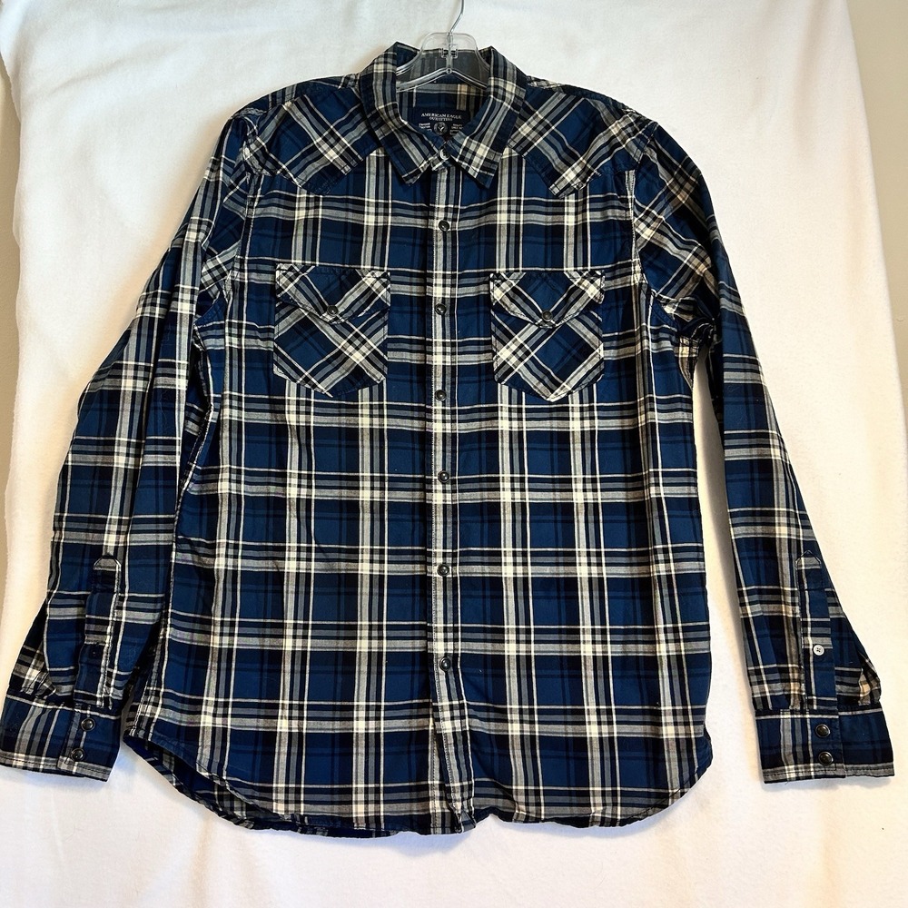 American Eagle Mens Large Pearl Snap Western Shirt Vintage Fit Blues White Plaid